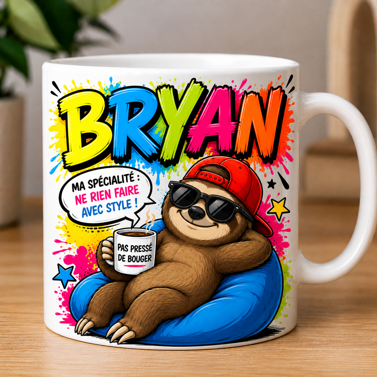 ☕ Mug Personnalisé avec Prénom – Mode Paresseux 😎🦥