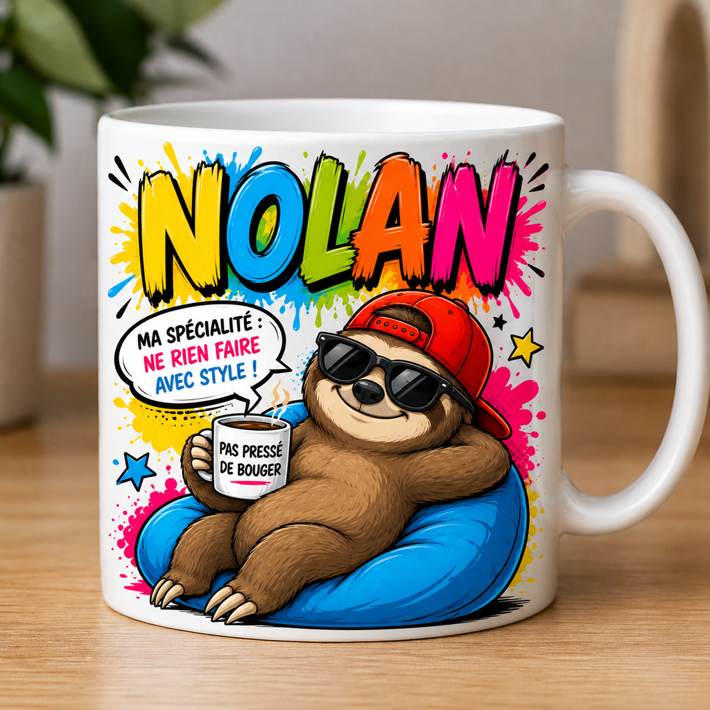 ☕ Mug Personnalisé avec Prénom – Mode Paresseux 😎🦥